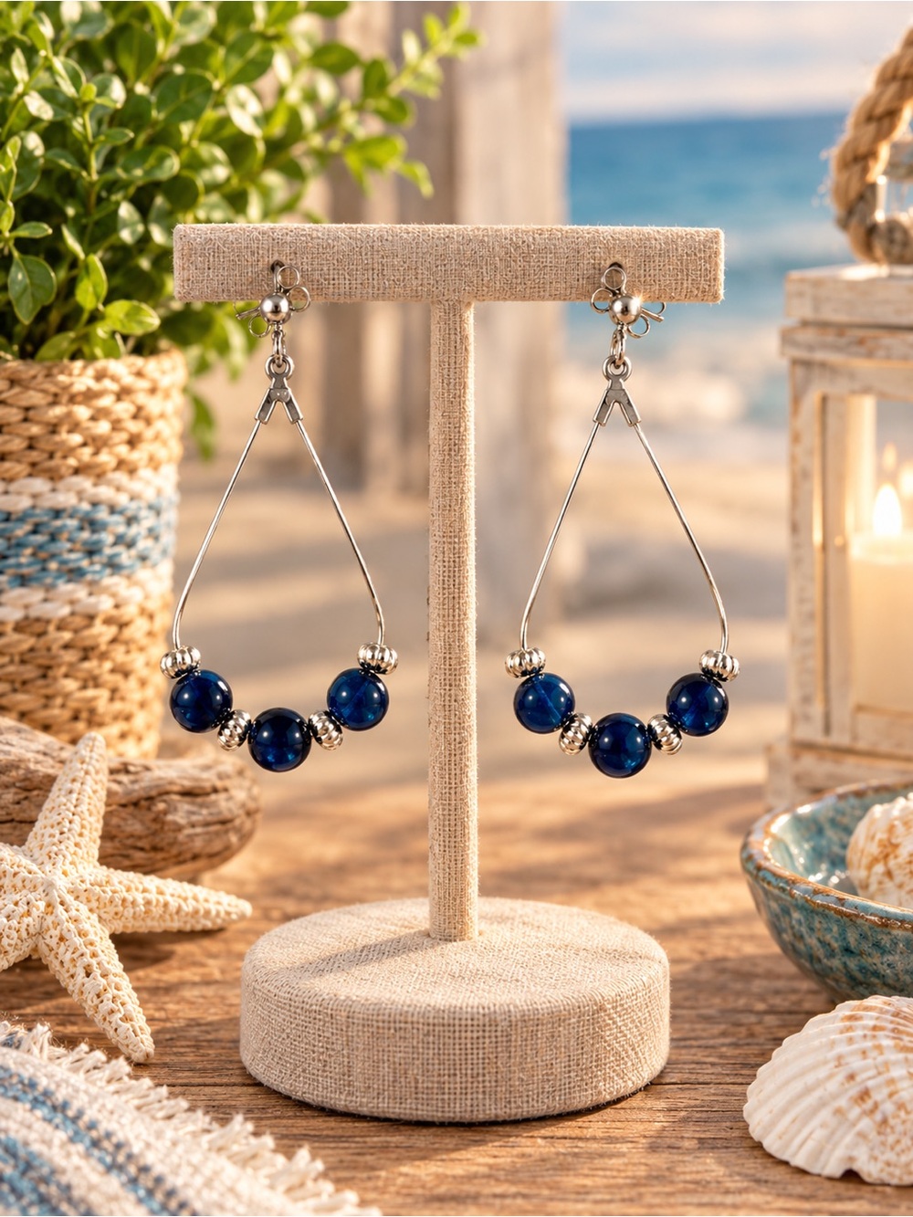 Silver Teardrop Earrings with Deep Navy Blue Beads